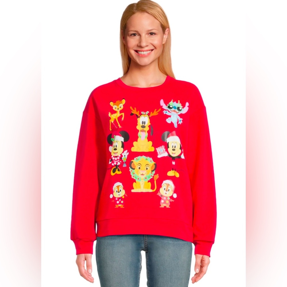 Disney 100 Women’s Juniors M7-9 Light Up Christmas Sweatshirt Red Soft Festive